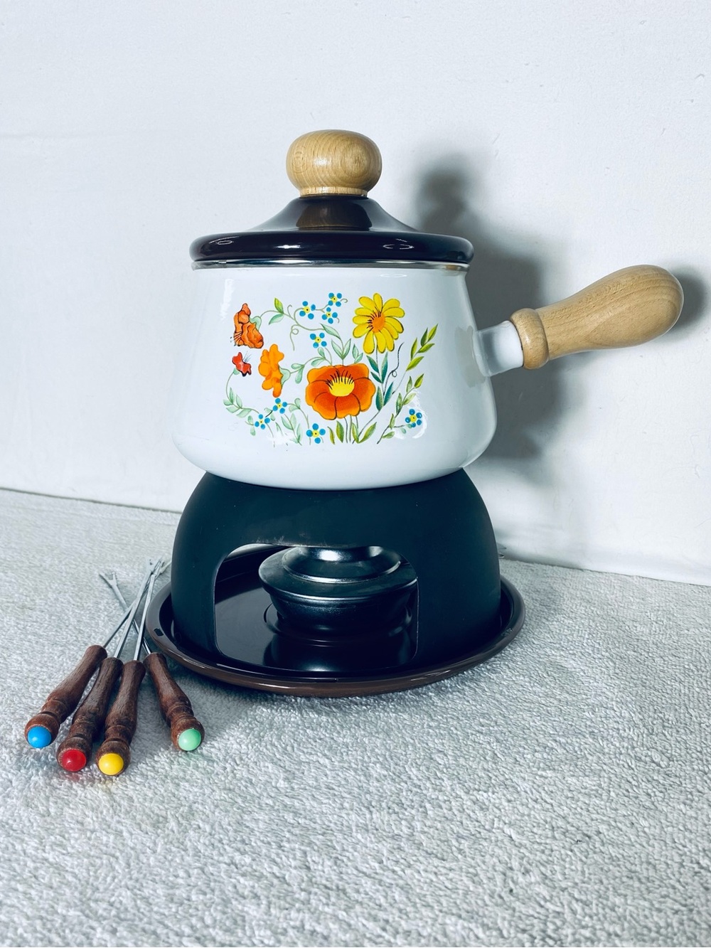 Vintage 1970s Floral White Enamel Fondue Pot Stand Burner Set